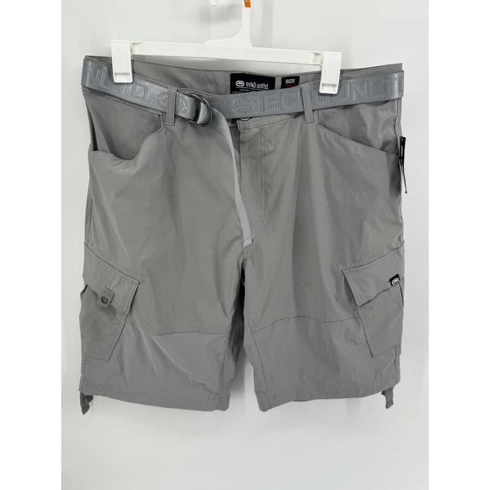 Ecko Unltd Mens Gray Belted Cargo Shorts Size 38 Nylon Spandex Stretch Utility
